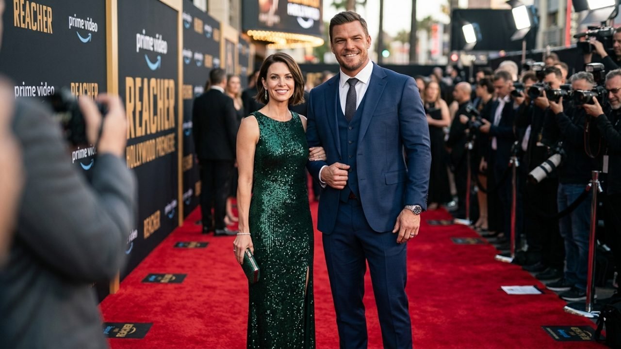 Alan Ritchson and Catherine Ritchson posing together on a red carpet premiere