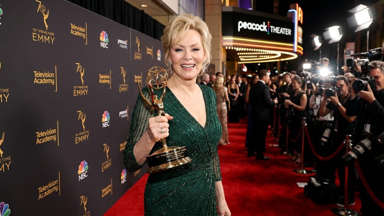 Jean Smart smiling with Emmy Award trophy on the red carpet at the 78th Primetime Emmy Awards